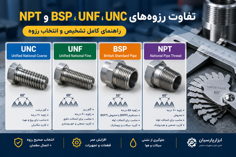 تفاوت رزوههای UNC، UNF، BSP و NPT | راهنمای کامل تشخیص و انتخاب رزوه